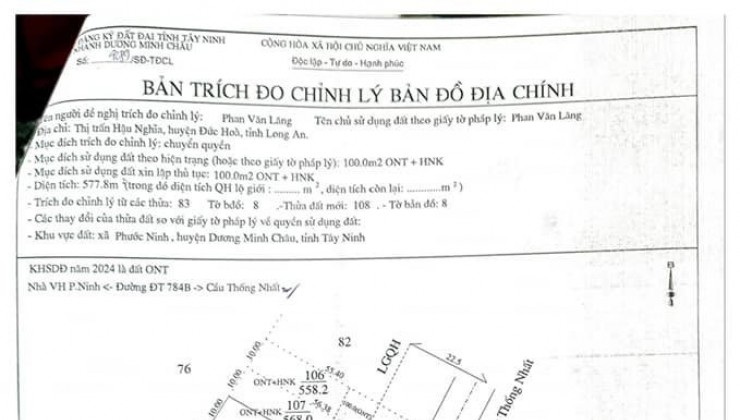 Chính chủ cần Bán đất mặt tiền đường nhựa ĐT784B (lộ giới 45m) Huyện Dương Minh Châu, Tây Ninh